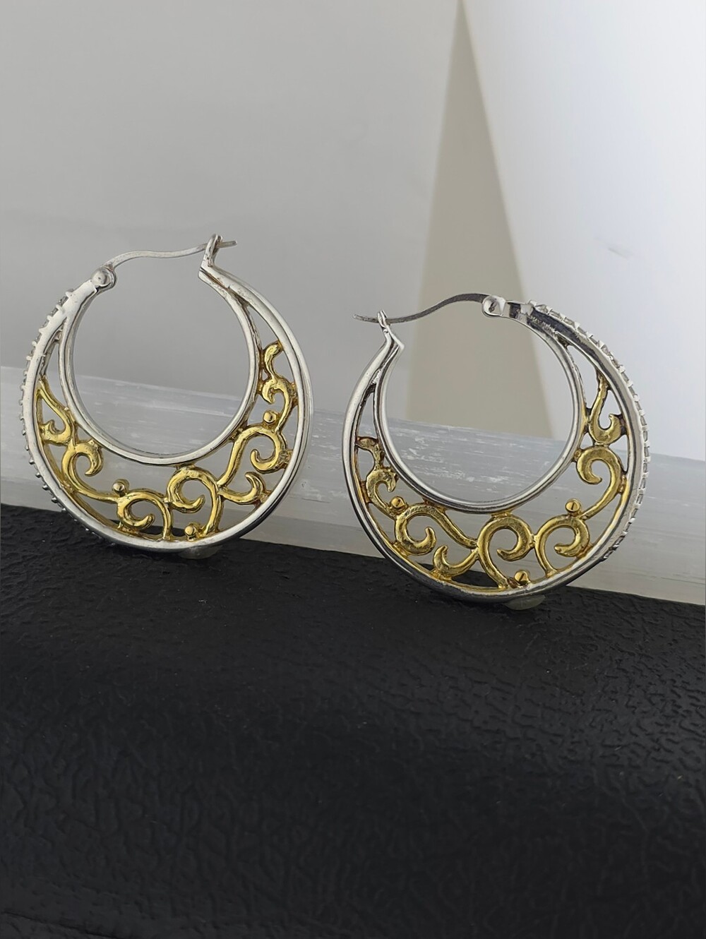 Two-Tone Filigree Hoop Earrings - Gold & Silver
